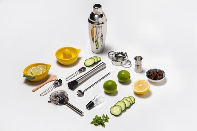 High angle cocktail ingredients arrangement